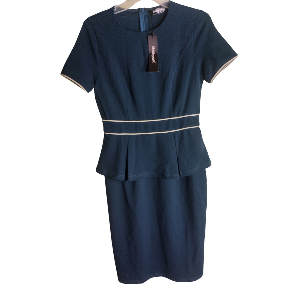 Allegra K Womens Peplum Dress Dark Teal Blue Short Sleeve Sheath Work XS NEW